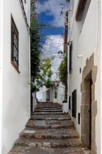 a narrow alleyway with stone steps leading up to a building