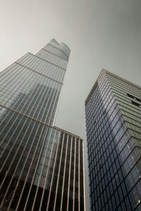 Impressive view of modern skyscrapers in New York City, capturing urban architecture and skyline.